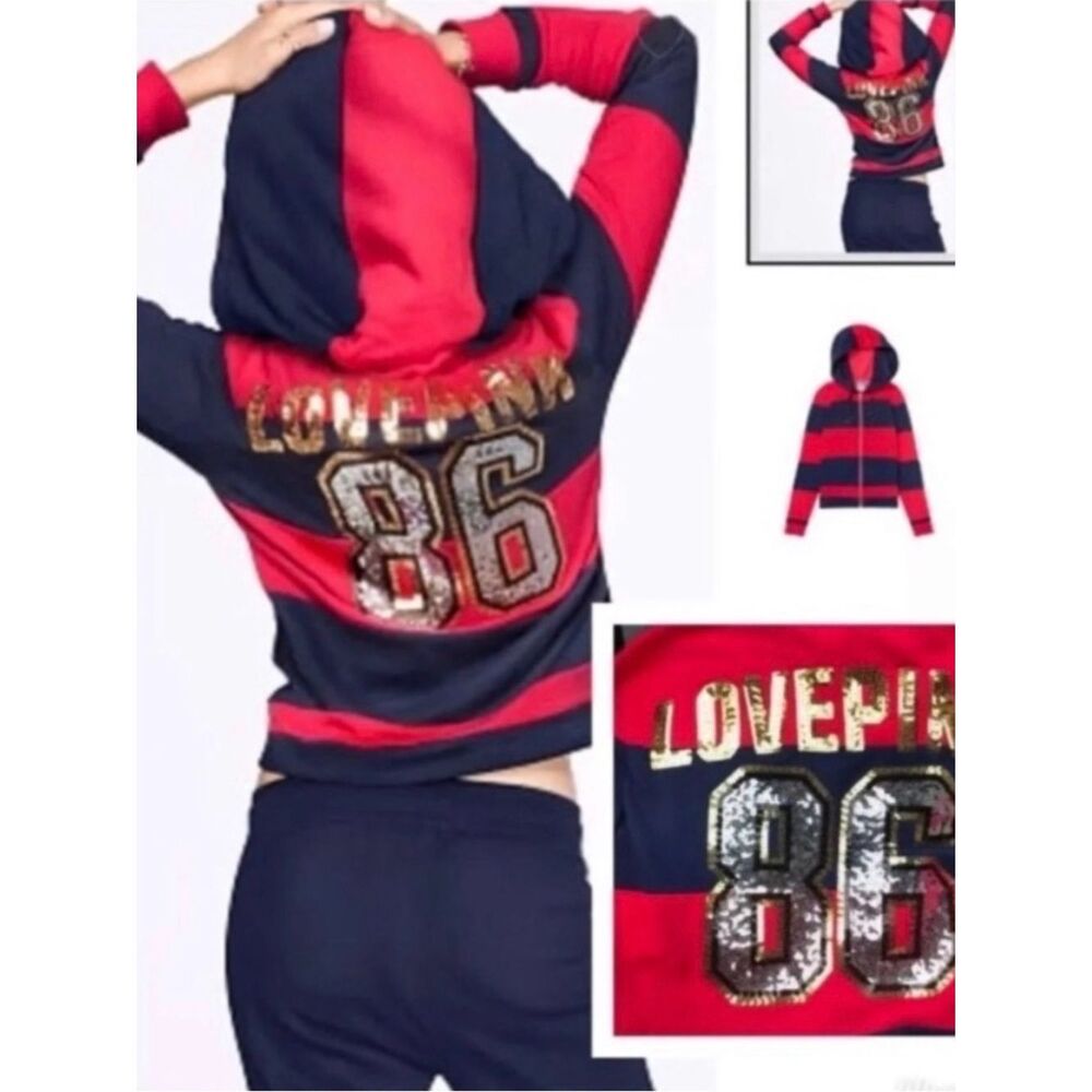 PINK VS STRIPE RED/ BLUE 86 BLING HOODIE SMALL
